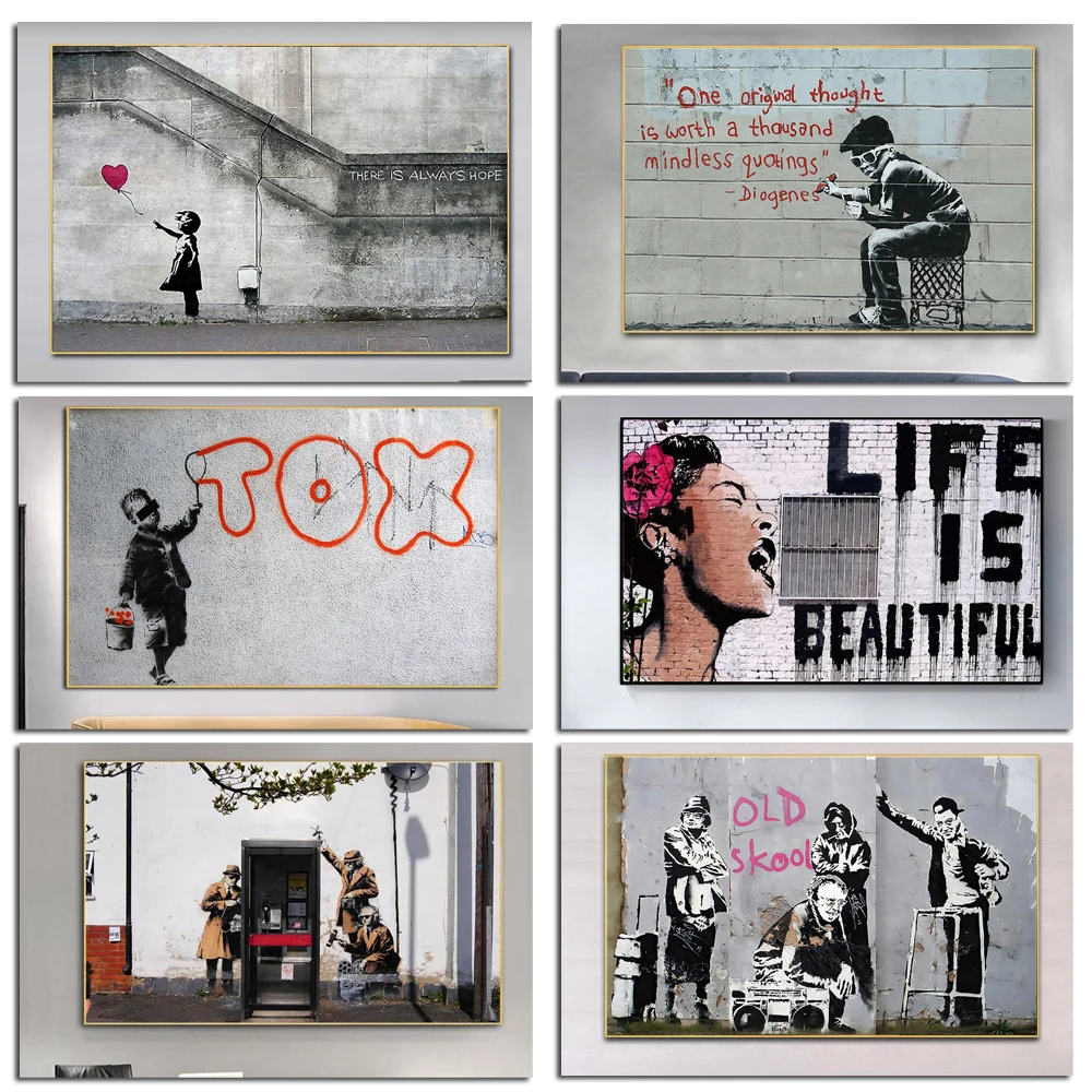 

Graffiti Street Girl With Balloon Posters Banksy Wall Art There Is Always Hope Canvas Painting Print Picture for Room Home Decor