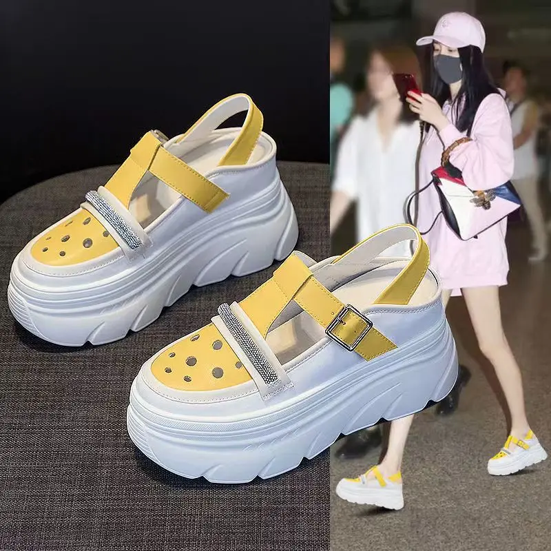 

2023 New Genuine Leather Women's Sandals Wedge Shaped High Heel Lace Up Hollow Out Women's Shoes