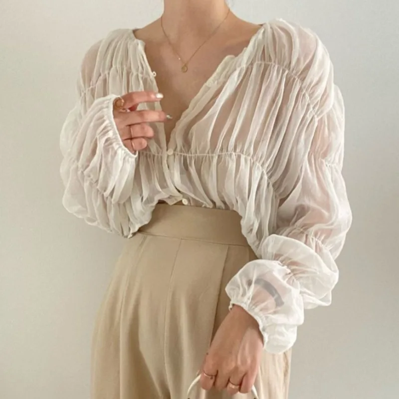 

2022 Korean Fashion Pleated Casual Blouse Women Summer New Loose Folds Perspective Chiffon Shirt Long Sleeve Tops Blusas Mujer