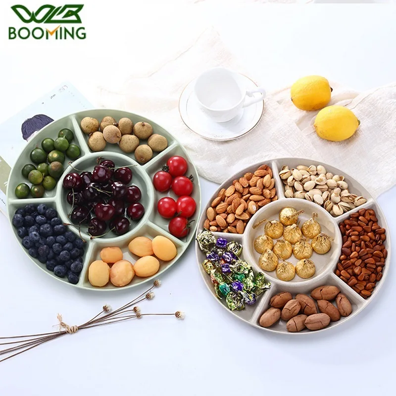 

WBBOOMING Wheat Straw Fruit Plate Party Candy Pastry Nuts Tray Round Multi-lattice Snack Organizer Melon Seeds Snack Fruit Tray