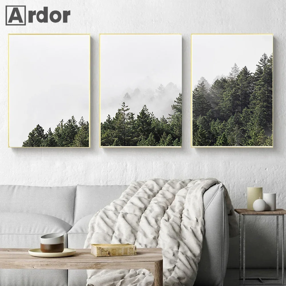 Природа Туманная Гора Туманный Лес Зеленый Настенное Искусство Холст Картина