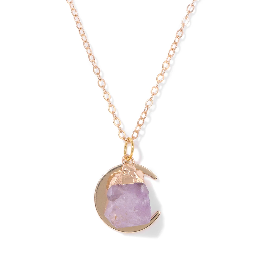 

New Fashion Amethysts Moon Charm Necklace Natural Raw Quartzs Stone Crescent Pendant Chain Necklace For Women Men Party Jewelry