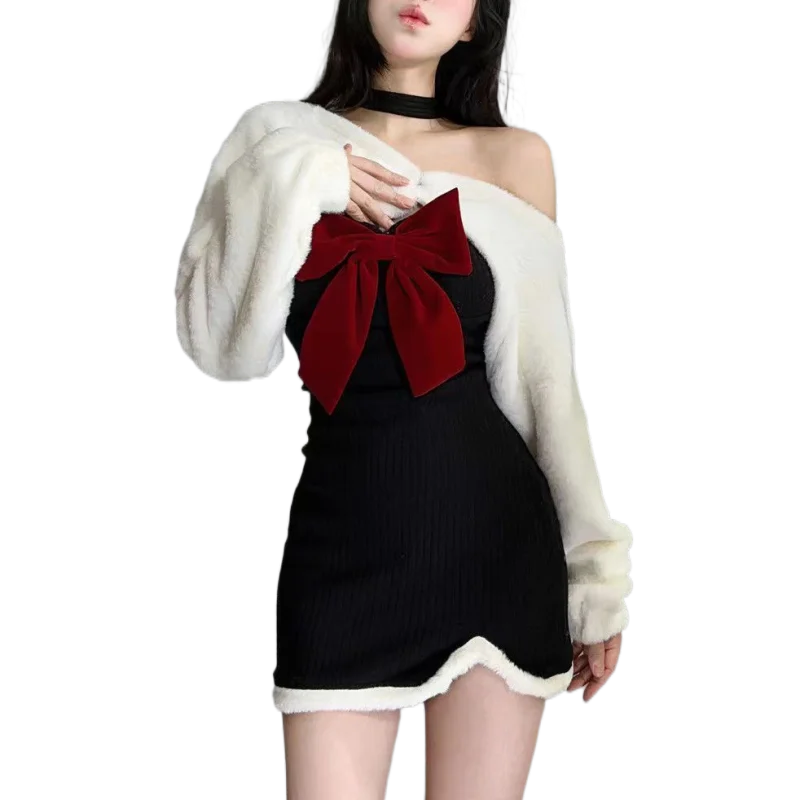 

Рождественский милый комплект из двух предметов, Женский соблазнительный элегантный облегающий мини-костюм в японском стиле с бантом Y2K, зимний сезон 2022