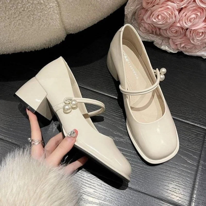 Ladies Summer Footwear Mary Jane Shoes for Women 2023 with Medium Heels Japanese Style Lolita Pearl Square Toe Gothic White Y2k