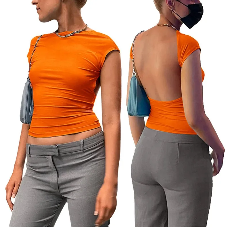 

T Shirts Fashion Streetwear party club wear TeesY2K Sexy Backless short Sleeve Crop Top Women Skinny Cut Out Basic