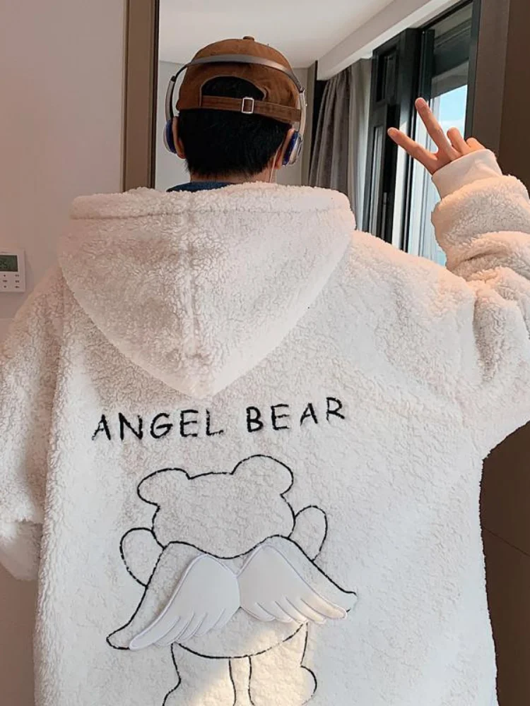 

Deeptown Lamb Wool Oversized Zip Up Bear Embroidery Hoodies Women Thick Warm Wings Hooded Sweatshirt Long Sleeve Couple Top 2022