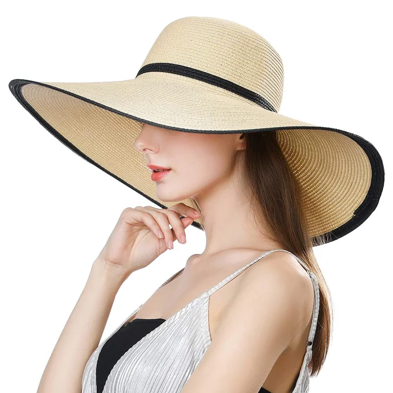 

Packable Floppy Straw Beach Sun Hat with Wide Brim UV UPF 50 Protection Foldable Travel Sunhat Beige M