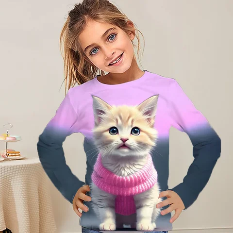 Детская осенняя одежда, футболки с длинным рукавом для девочек, детские футболки с мультяшным рисунком кота, 3d топы, модные милые футболки 2023