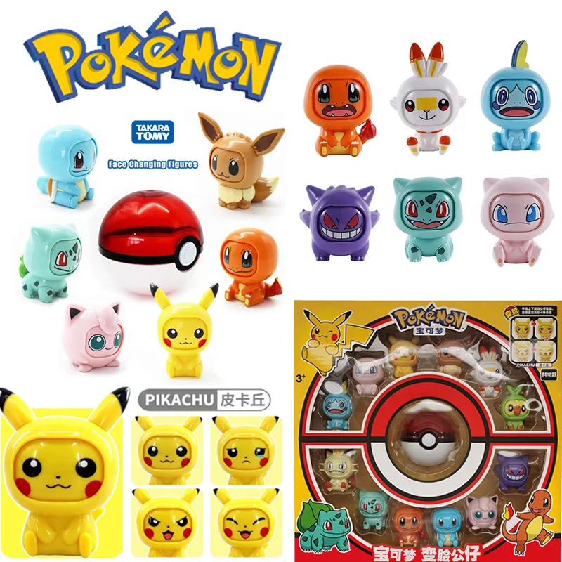 

Genuine Pokemon Anime Face Changing Dolls Toy Twister Pikachu Charmander Squirtle Poke Ball Model Set Children Birthday Gift