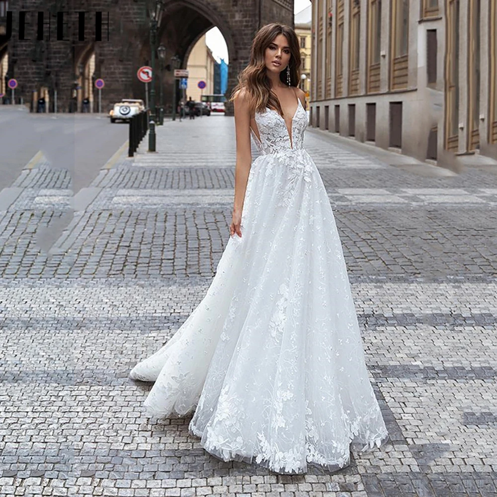

JEHETH Beach A-Line V-Neck Wedding Dresses Classic Applique Spagetti Straps Bridal Gown Backless Sleeveless Robe De Mariée 2024