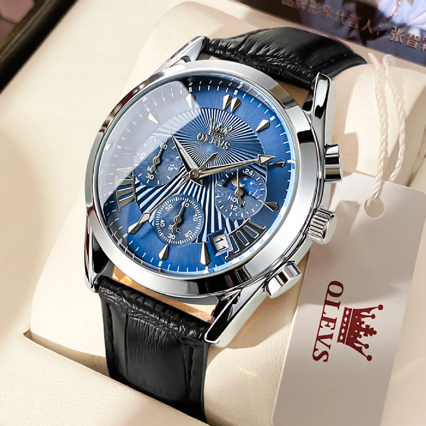 

OLEVS Original Men's Watches Sport Chronograph Quartz Male Watch Waterproof Leather Strap Luminous Wristwatch 24 hour dial