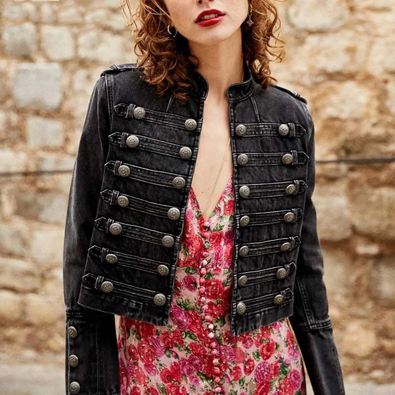 

Vintage Jacket England Coat Women Casual Fashion Women Lady Denim Autumn Korean Black Buttons Short Outerwear