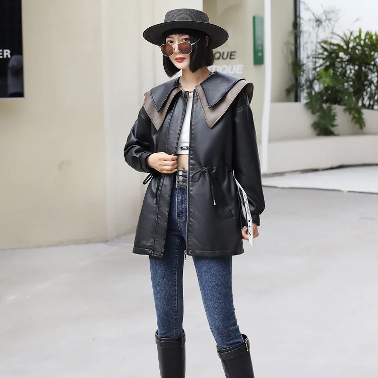 KoHuiJoo 2022 Autumn Korean Long Leather Coat Women Sailor Collar Sweet Casual Drawstring Washing PU Leather Jacket Black Coffee