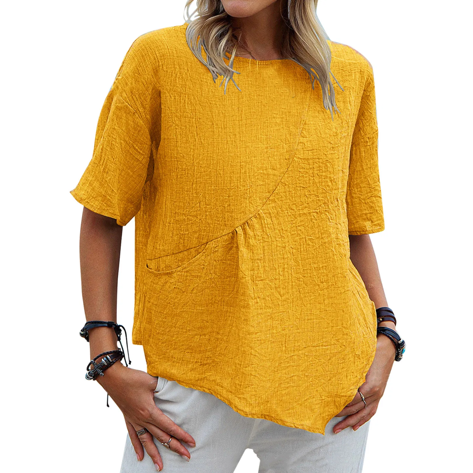 

Женские однотонные рубашки с круглым вырезом, хлопковая льняная футболка с коротким рукавом, летняя Свободная Повседневная Спортивная руб...