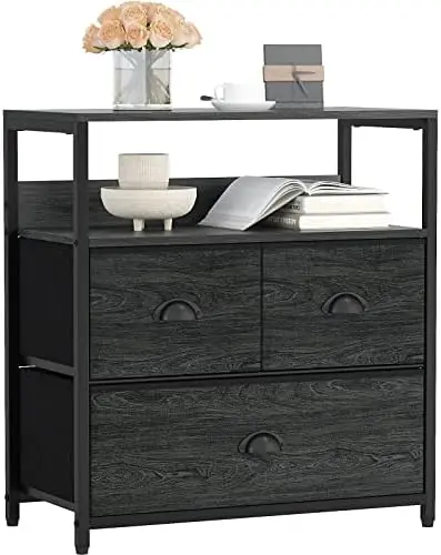

with 3 Drawers, Small Dresser with STORAGE Shelf, Bedside Table/Closet Organizer, Rustic Fabric Linen Bins & Wooden Top for