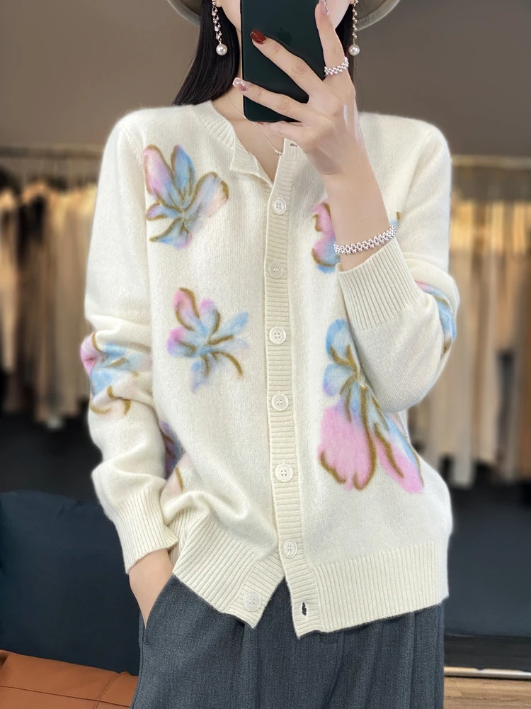 Spring and Autumn New 100% Pure Cashmere Cardigan Women's Crewneck Match Color Outside With Sweater Loose Lazy Wool Knitted Coat