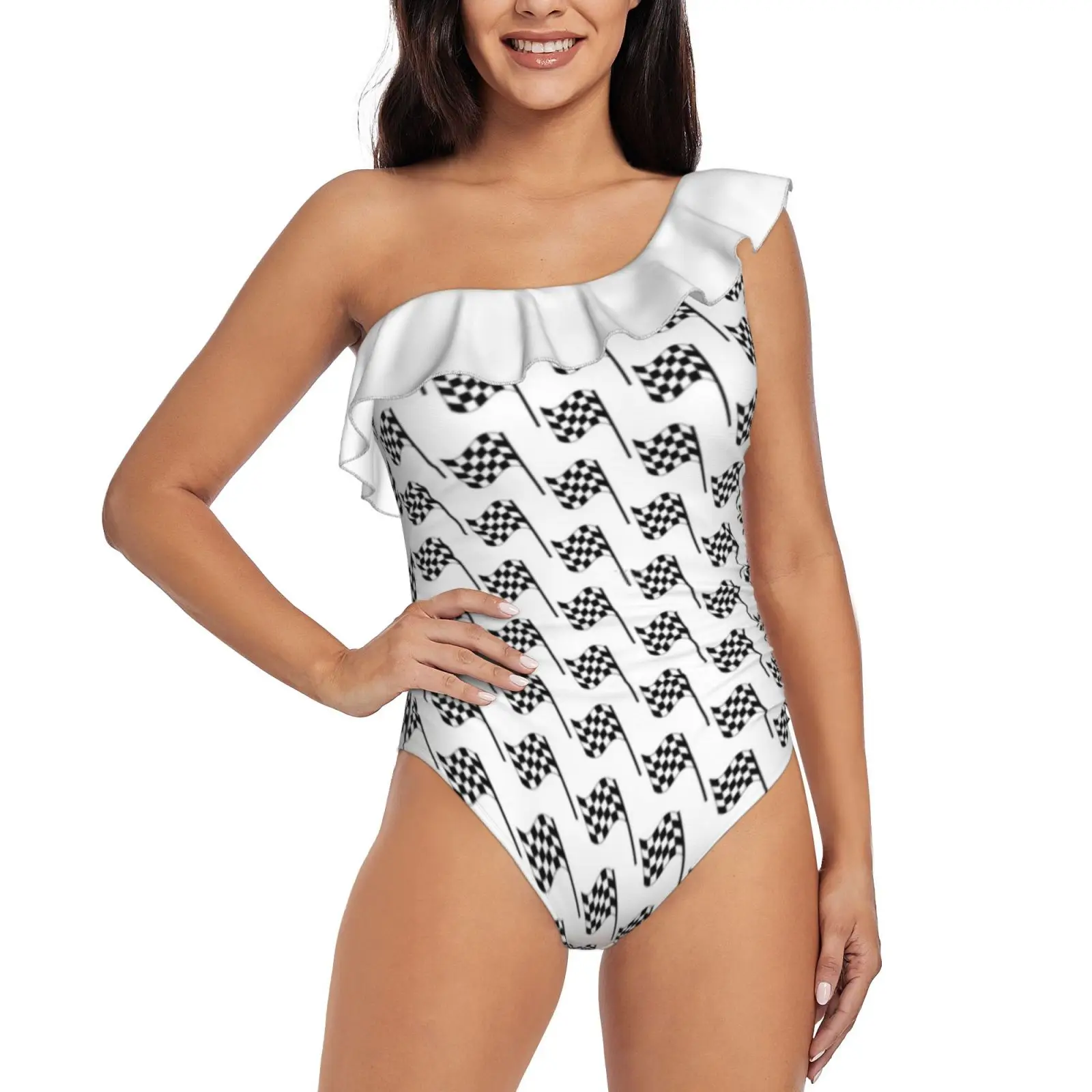 

Женский сплошной купальник с Клетчатым флагом на одно плечо