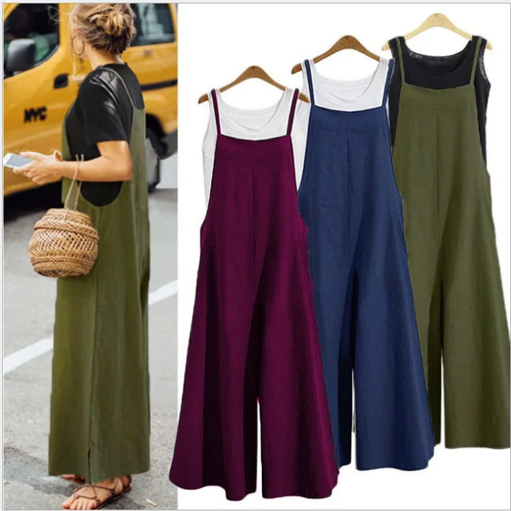 2022 Spring Fall Loose One Piece Wide Leg Pants Women Cotton Solid Color Straight Bib Pants Hot Selling Trousers