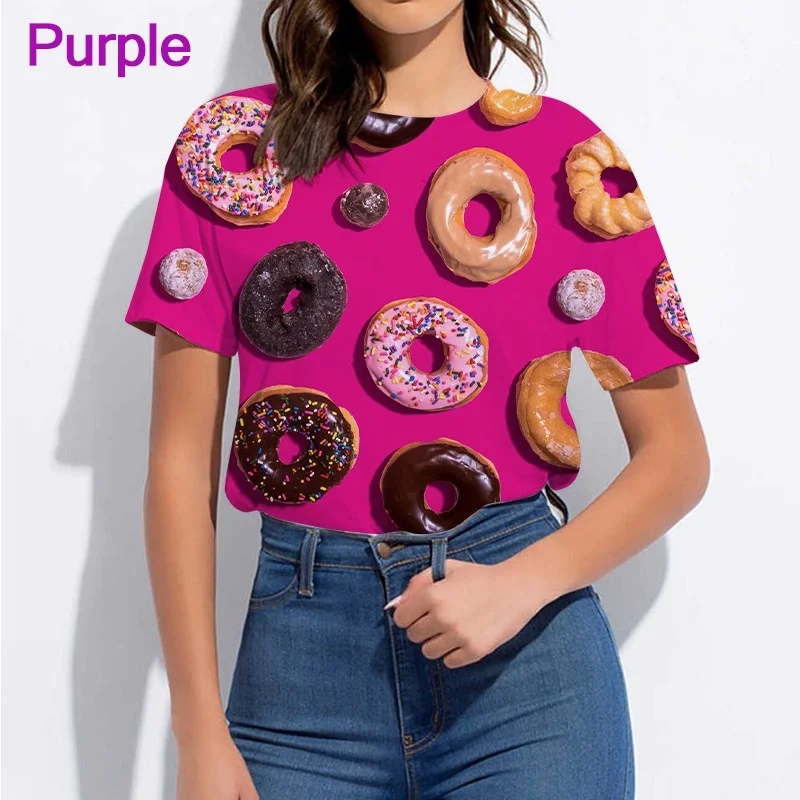 Summer Fashion Women's Casual T-shirt 3D Chocolate Donut Print Food Bread Funny Short Sleeve Short Sleeve Tops