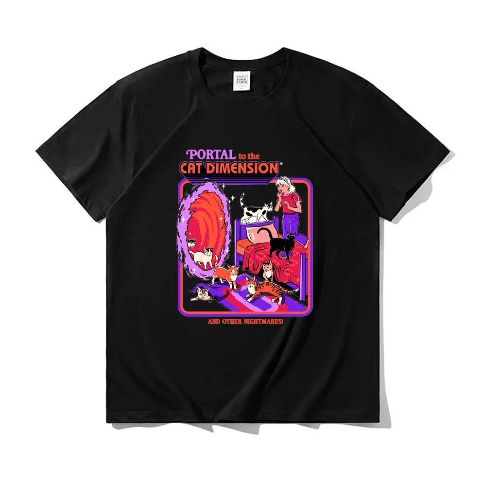 

Funny Portal To Cat Dimension Dark Humor Artsy Printed Retro 50s Poster Artwork Black T-shirts Men Women Vintage Cotton Tshirt