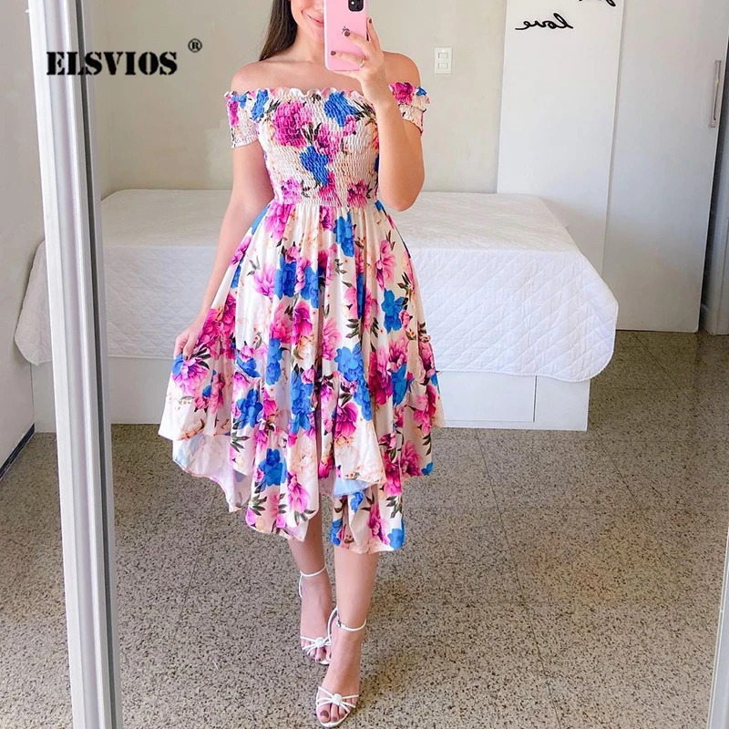 

Women's Summer Fashion Bohemia Party Dress Sexy Off-shoulder Short Sleeves Sweet Butterfly Printed New Elegant Irregular Dresses