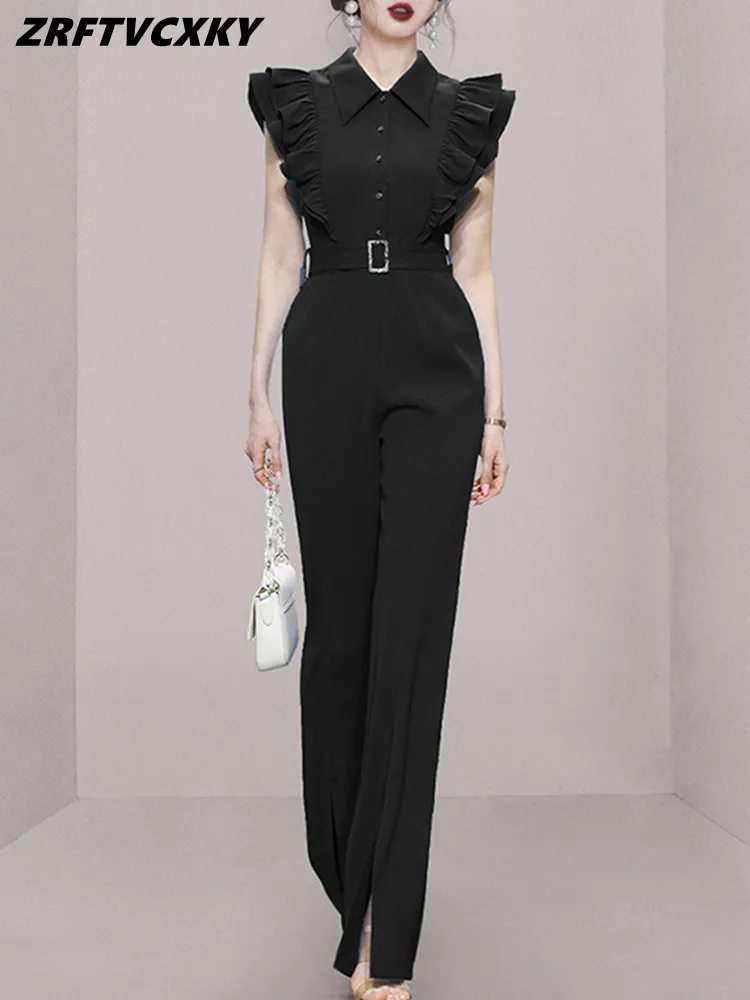 Simple New High Waist Black Jumpsuits Women Summer Elegant Ruffle Casual Playsuits Work Wear Slim Rompers Female Clothing