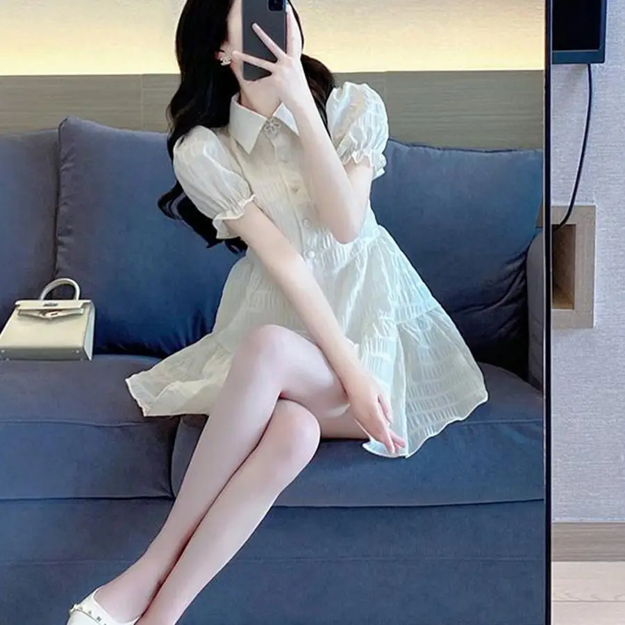 

Women's Summer Sweet New Small French Style Slim Fold Bubble Sleeve Shirt Dress