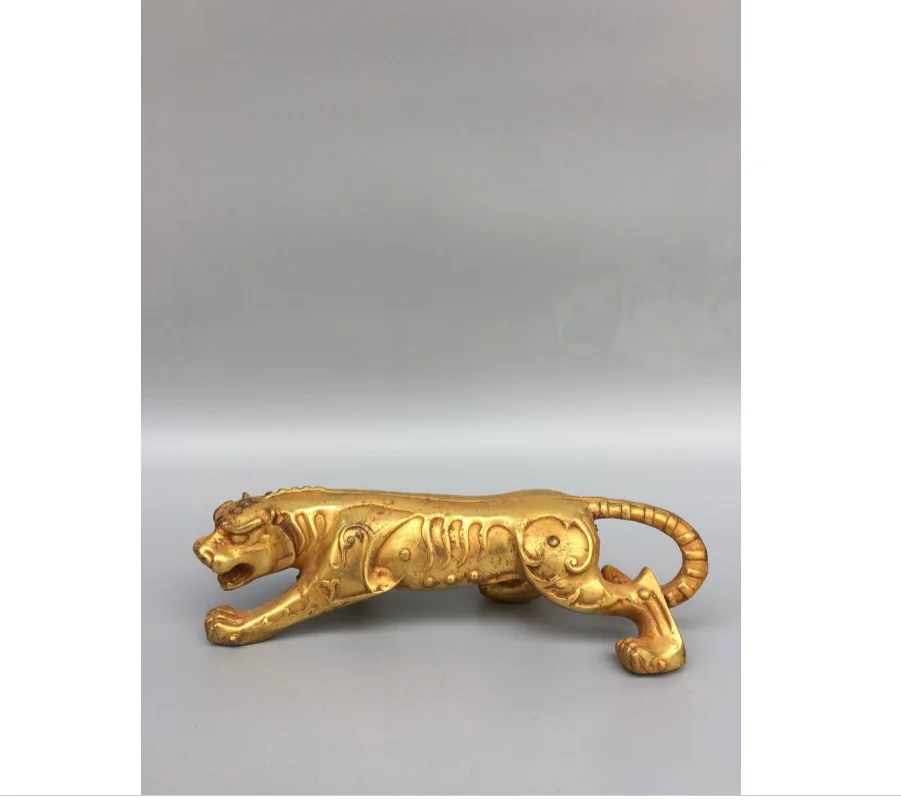 

8" Old Chinese Antique Tibetan Buddhism temple Bronze gilt tiger statue