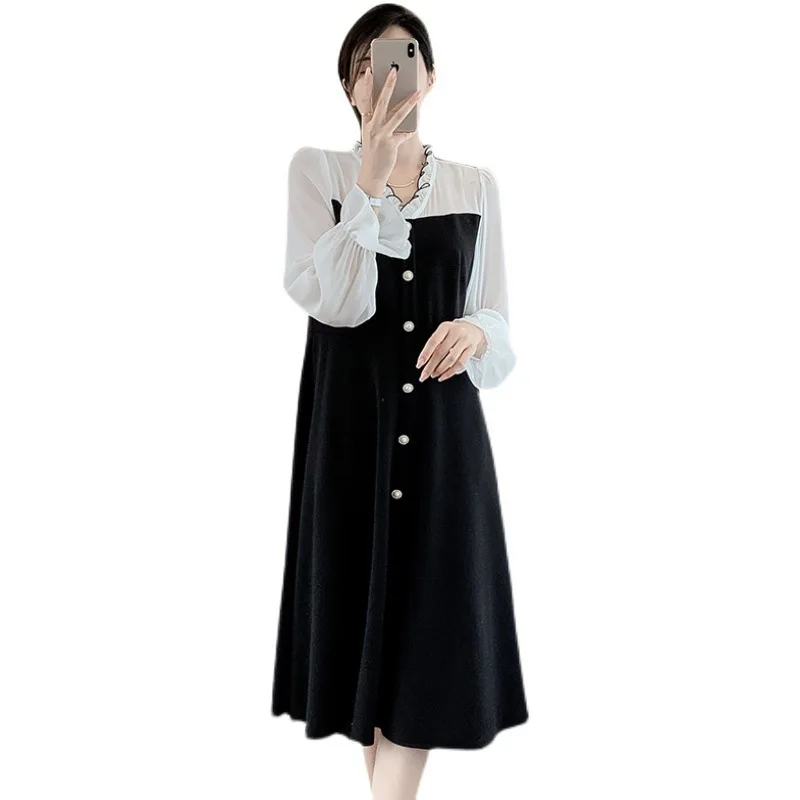 

Spring Maternity Dresses Fashion Long Sleeve Hot Mom Black Patchwork Dress V Neck A Line Clothes for Pregnant Women Pregnancy