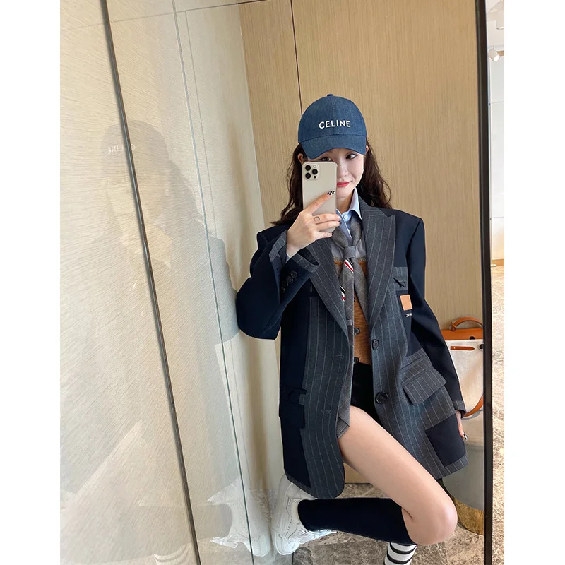 

Костюм Женский свободного фасона Xiaojing, Элитный костюм для младшей сестры, свободный контрастный пиджак в французском стиле, на осень