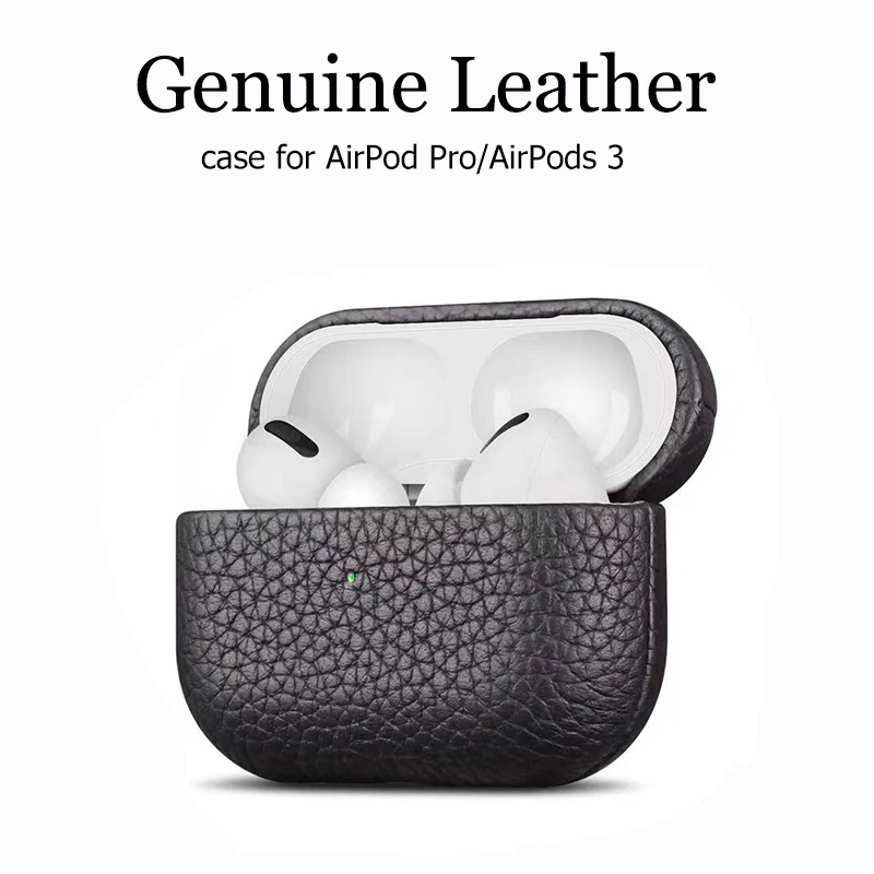 

Genuine Leather Case for AirPods Pro Apple Earbuds Protective Bag Lychee Pattern Cowhide Cover for AirPod 3 2021 Version