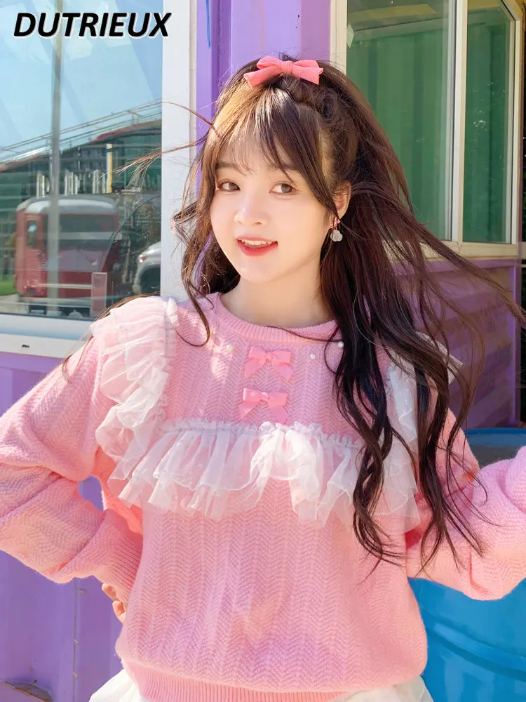 

2023 Autumn and Winter New Women's Korean Style Student Knitwear Fresh Sweet Girls Pink Versatile Long Sleeve Jumper Sweater