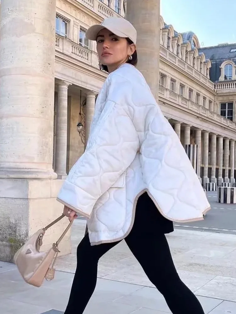 Fashion Single Breasted White Qulited Jackets Women 2022 Autumn Winter Casual Loose Irregular Hems Parkas Coats Streetwear