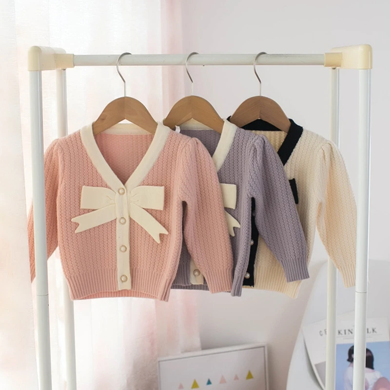 

Kids Clothes Girls Sweater Coats Spring Autumn Bow Patchwork Knitted Cardigan for Babies Sweet Long Sleeve Children's Clothing