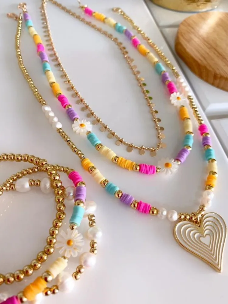 

KKBEAD Bracelet Necklace Jewelry Sets Heart Pendant Necklace Natural Pearl Flower Daisy Bracelet For Women Jewellery