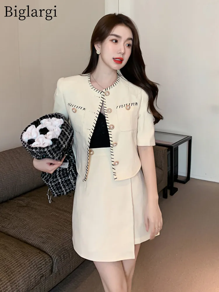 

2 Two Piece Small Fragrance Shirt + High Waist Irregular A-line Skirts Set Summer Korean Women Ladies Womens Short Skirt Sets