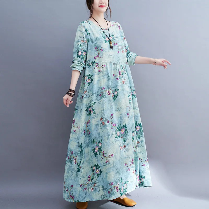 

New Printed Cotton and Linen Dress Long Sleeve Blue Dresses