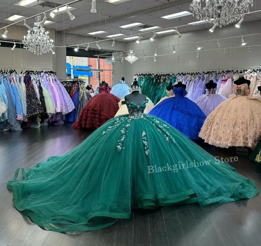 Изумрудное роскошное платье принцессы Quinceanera 2024 с открытыми плечами