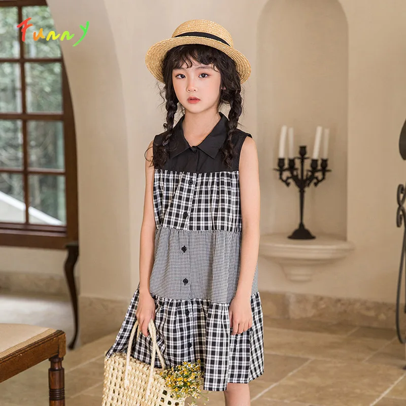 

4 To 14 Years Plaid Sleeveless Dress Girl Summer Cotton Casual Patchwork Shirt Dresses Clothes for Kids Teen