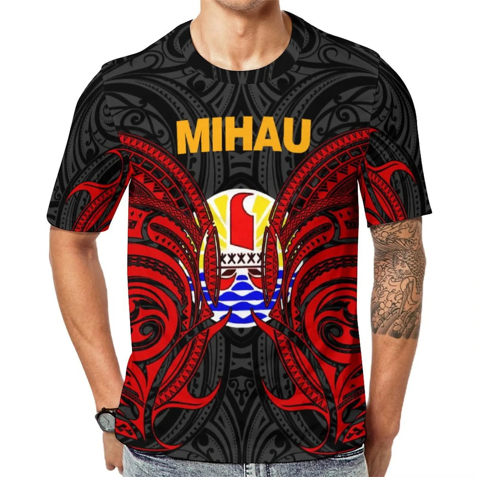 

Polyester Men Short Sleeve T shirt low price Polynesian Traditional Tribal Print custom pattern Summer T-shirts Men hot sale