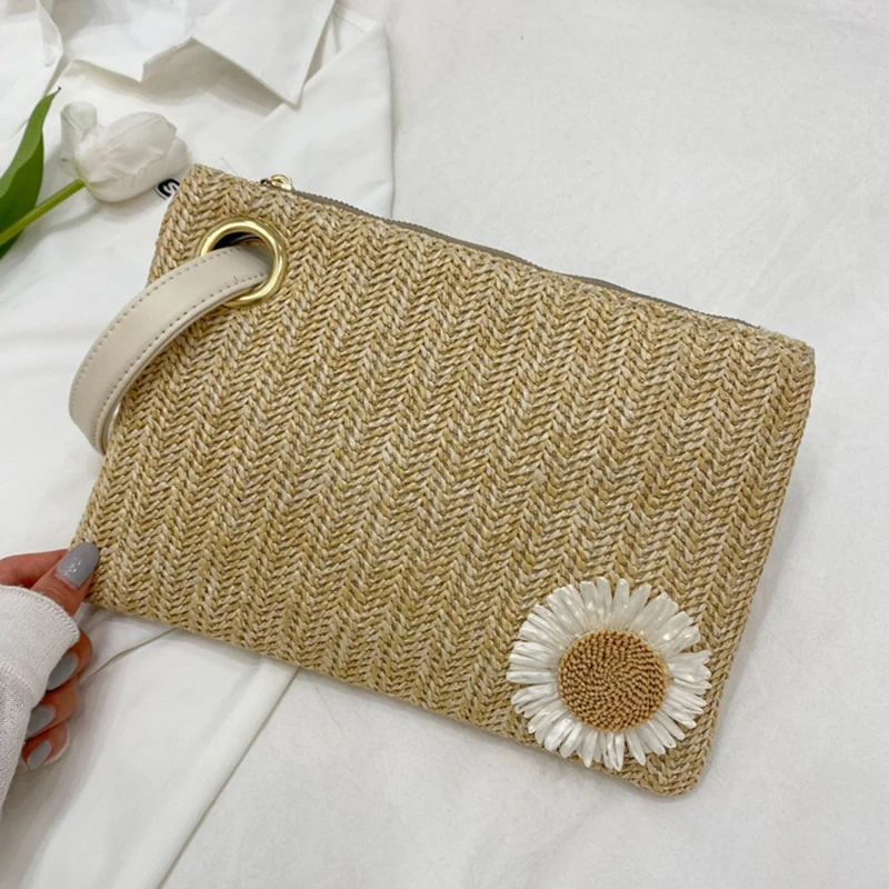 

Women Beach Bag Clutch Lady Women Vacation Sunflower Wristlet Bag Casual Vintage Small Woven Purse 2023 New Fashion Clutch Bags