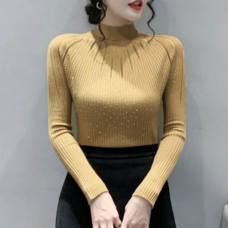 

Fashion Hollow Stand Collar Women'S Autumn New Style Gauze Stitching Solid Color Comfortable Long-Sleeved Knitted Sweater