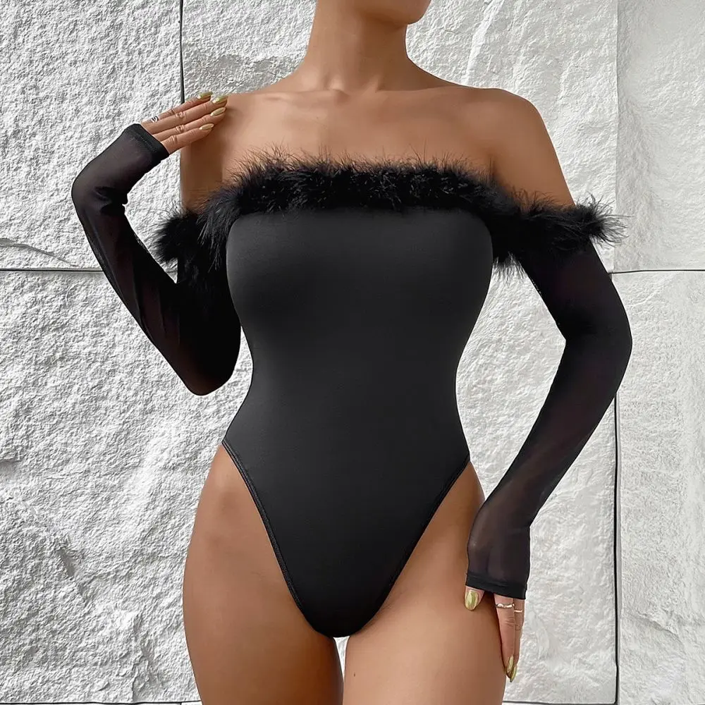 

PassionLAB Jumpsuit Feather Mesh Long Sleeves Bandeau Bodysuits For Women