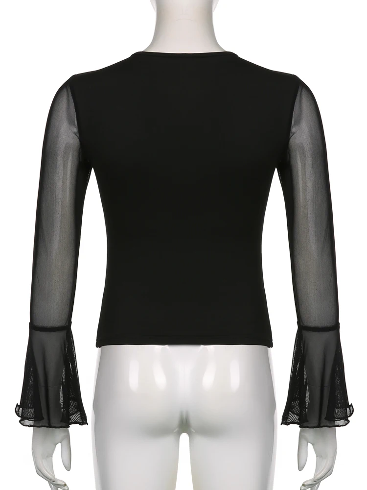 HEYounGIRL черный сетчатый кроп-топ с расклешенными рукавами футболка принтом