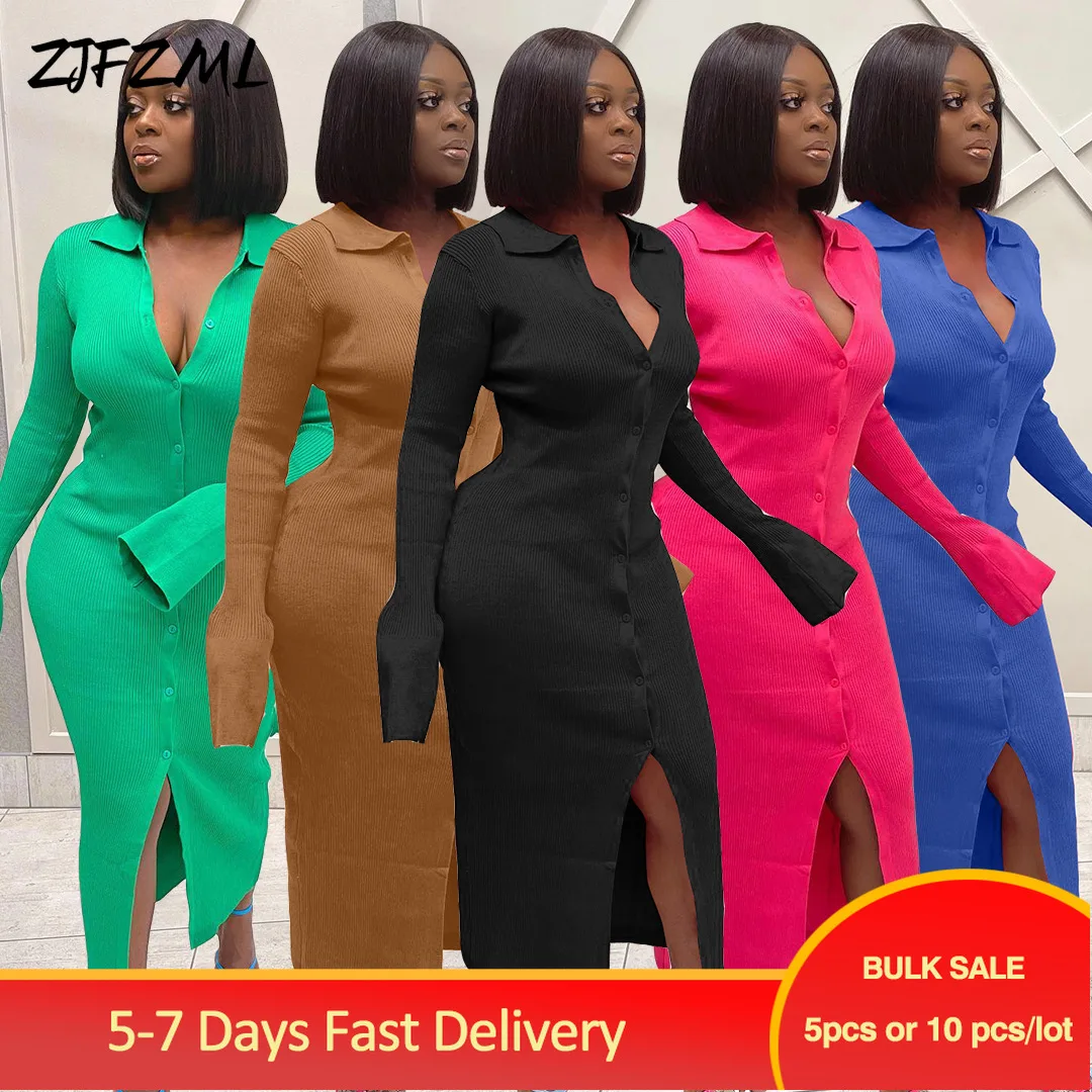 

Bulk Items Wholesale Lots High Street Women's Button Down Knitted Dresses Simple Solid Turn Down Collar Full Sleeve Wrap Dress