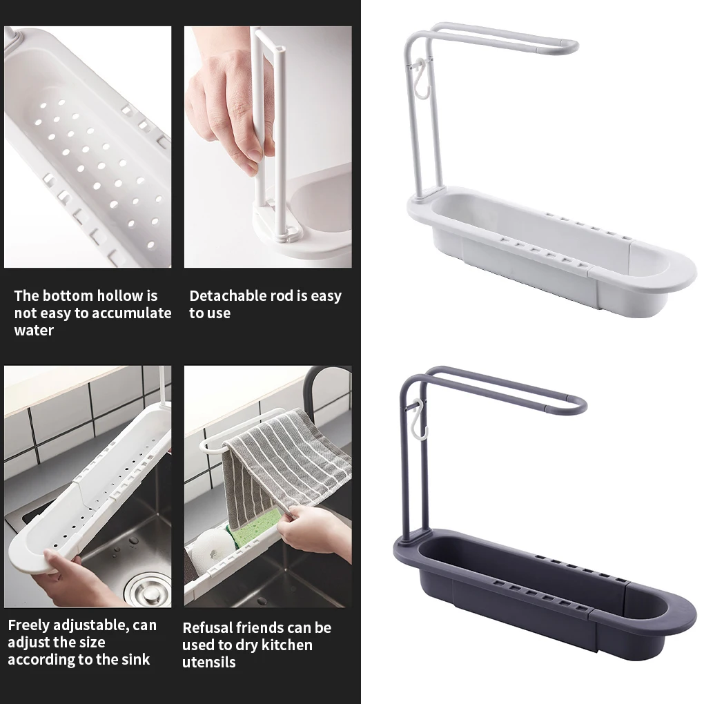 

Sponge Storage Holder Plastic Brush Drain Organizer Adjustable Kitchen Sink Towel Shelf Gray