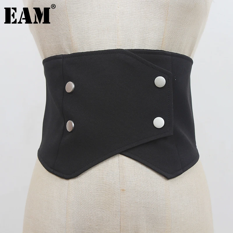 

[EAM] Black Back Elastic Irregular Button Wide Belt Personality Women New Fashion Tide All-match Spring Autumn 2022 1DE1585