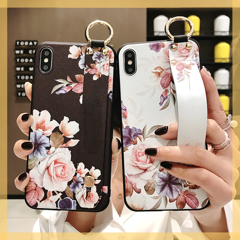 

Чехлы с ремешком на запястье с цветами для iphone 13, 12, 11 pro MAX, X, XR, XS MAX, 7, 8, 6s Plus, чехол с ремешком на руку, мягкие рельефные чехлы из ТПУ
