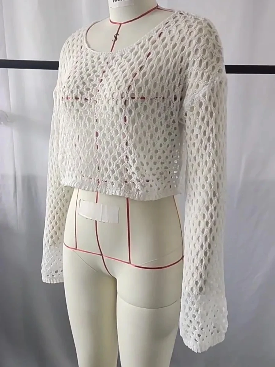 Женский трикотажный сетчатый свитер с дырками свободная тонкая короткая рубашка