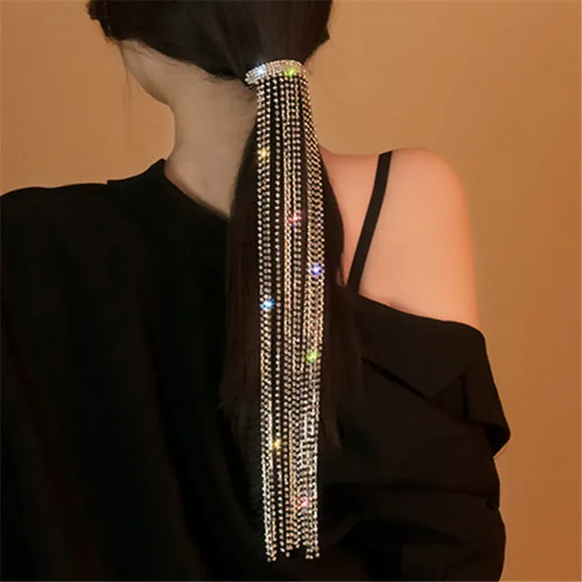 

Luxury Shine Full Rhinestone Hairpins for Women Long Tassel Crystal Headband Accessories Wedding Banquet Jewelry Hair Clip Tiara